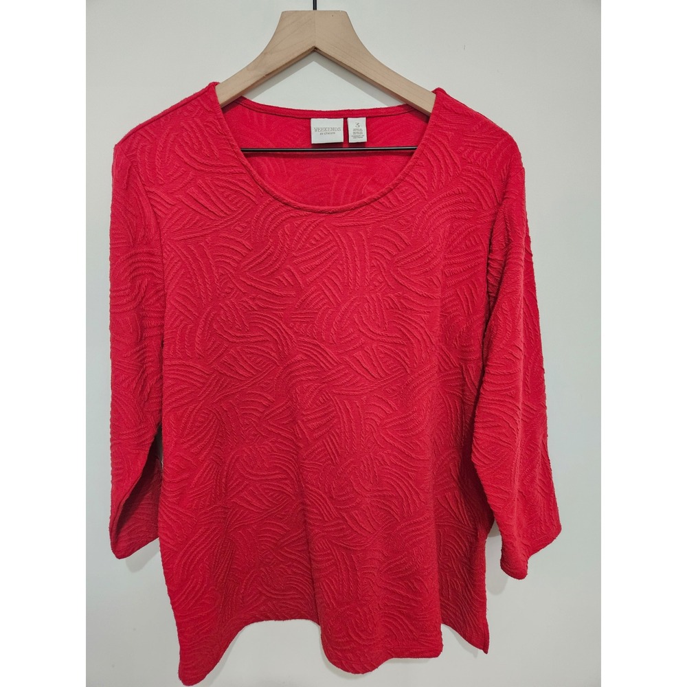 Chicos Weekends Red Textured Knit Top 3/4 Sleeve Scoop Neck Size 3 XL